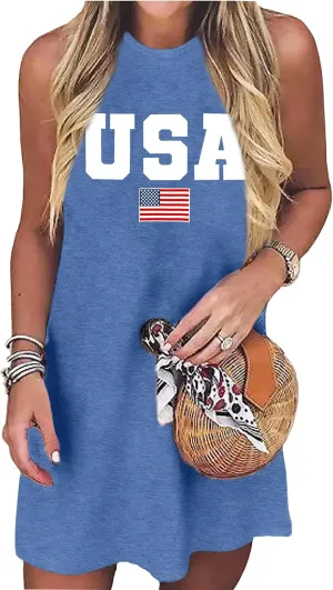 VVNTY American Flag Tank Dress Women: 4th of July Shirts Sleeveless Patriotic USA Flag Tees Casual Summer Tanks Sundress