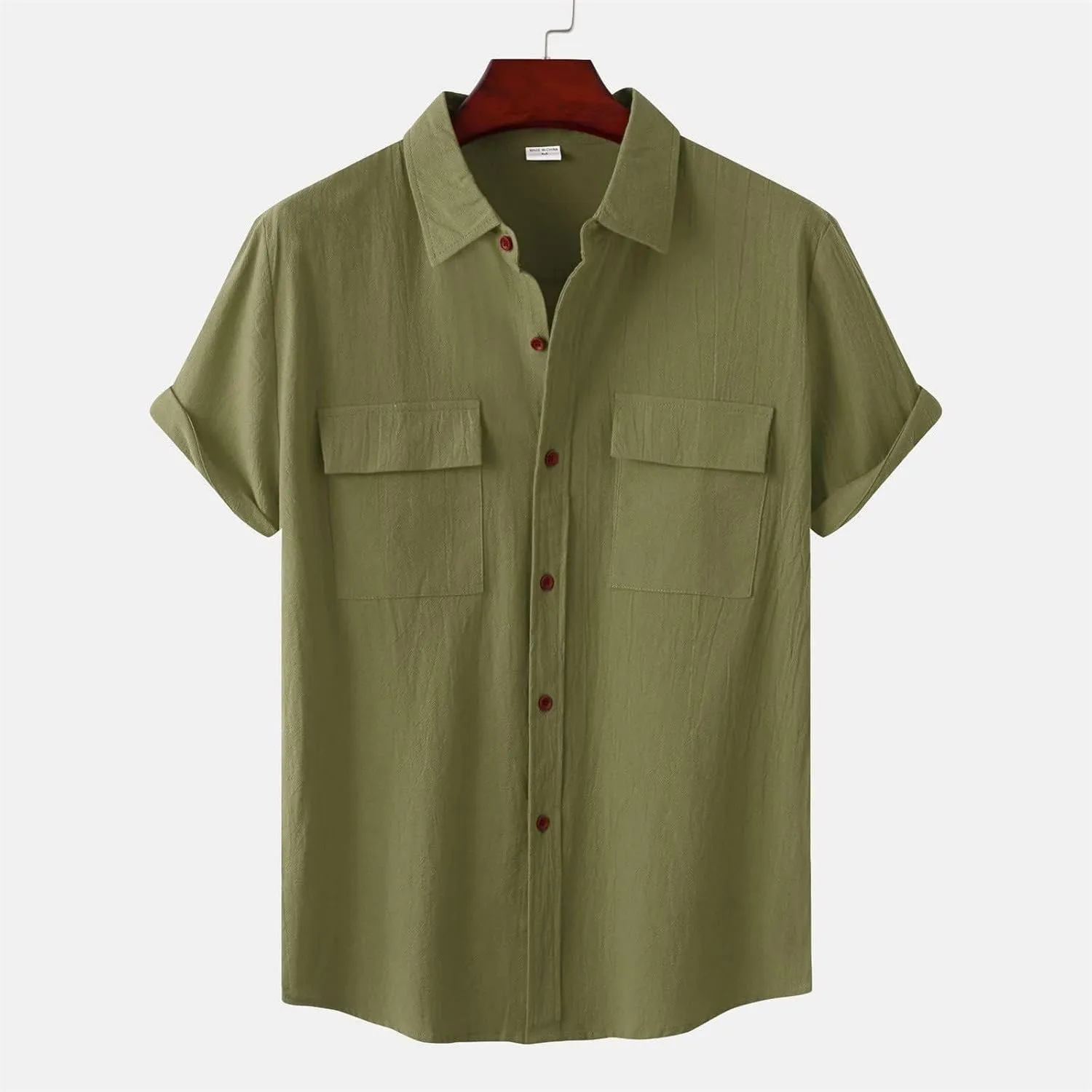 Wankang Mens Casual Button-Down Shirts Short Sleeve Linen Collared Pockets T-Shirts Summer Beach Hawaiian T Shirt for Men