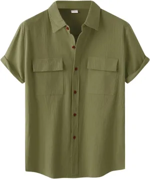 Wankang Mens Casual Button-Down Shirts Short Sleeve Linen Collared Pockets T-Shirts Summer Beach Hawaiian T Shirt for Men