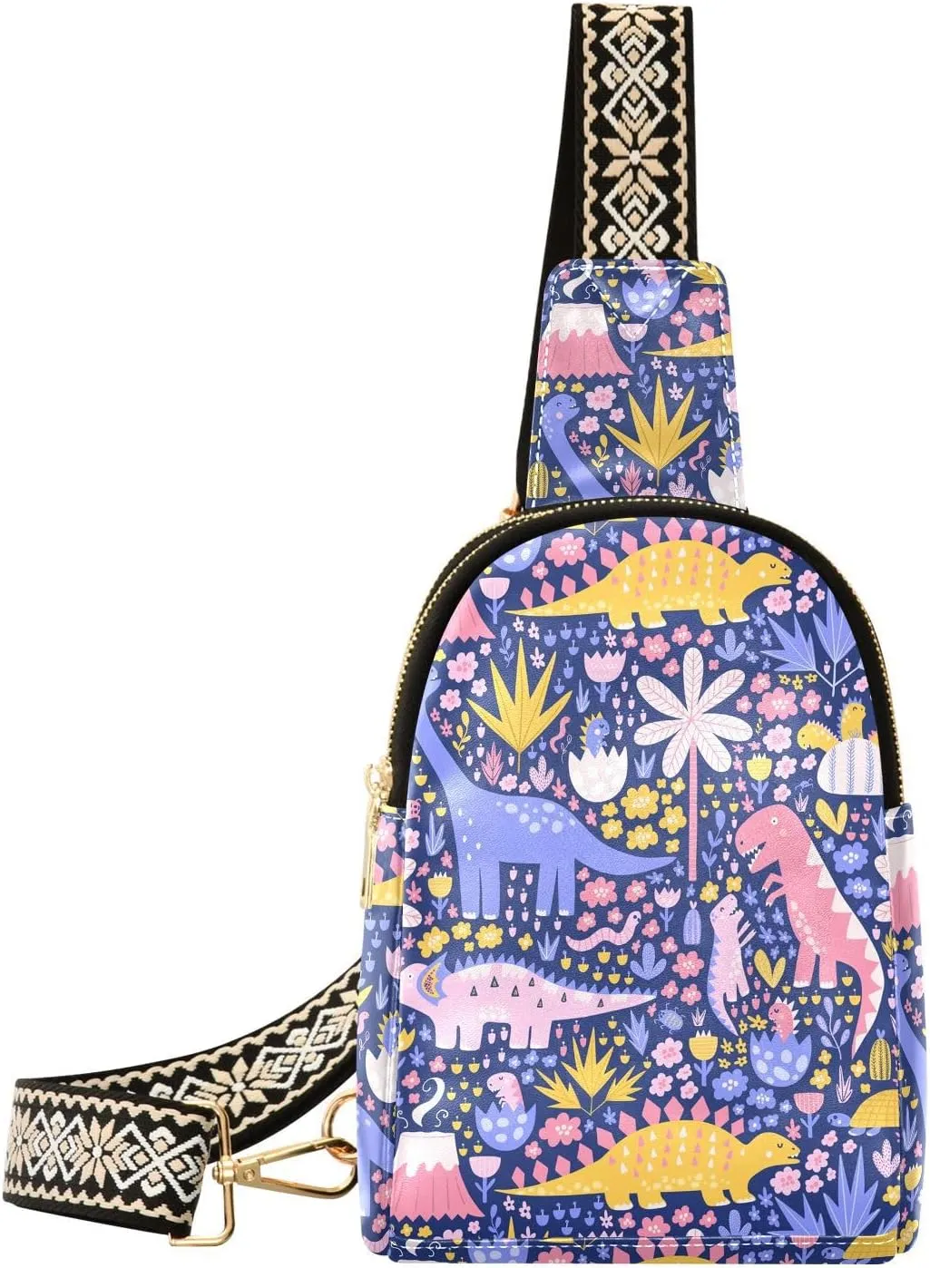 Watercolor Dinosaurs Fanny Pack Crossbody PC Leather Small Sling Bag for Women Palms Cactuses Fashion Waist Packs Chest Bag for Travel Sports Running Hiking