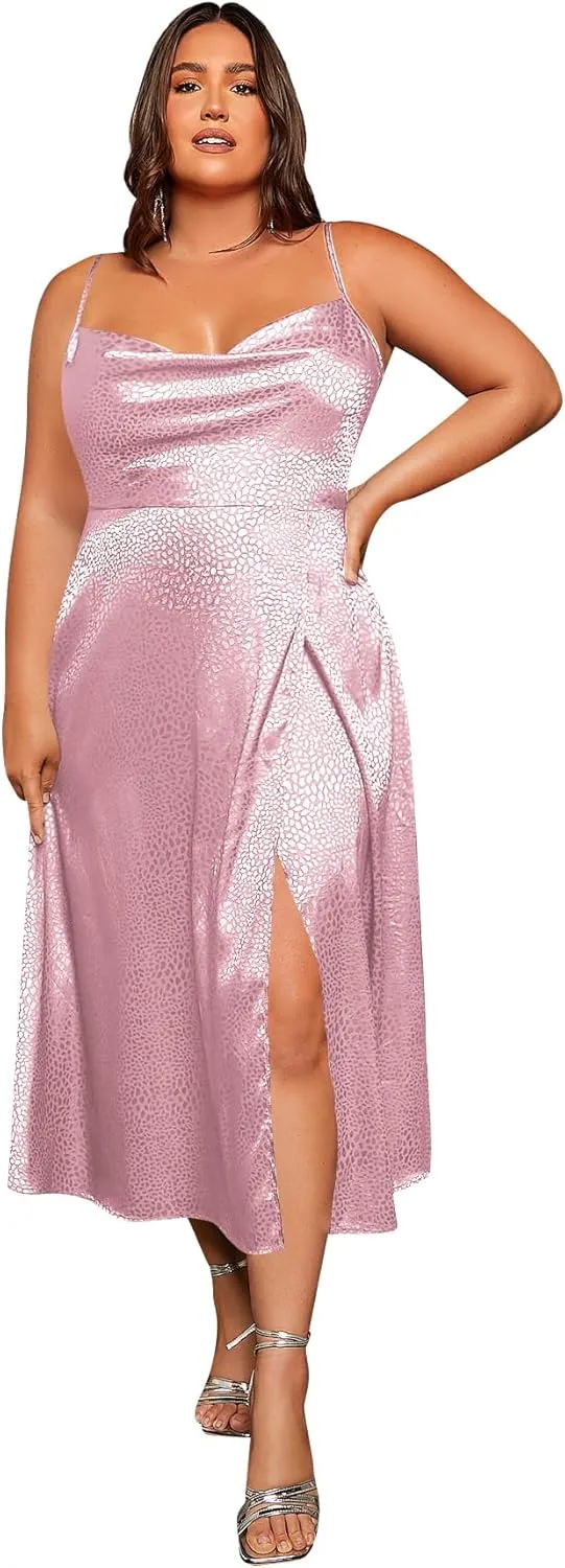 WDIRARA Women's Plus Size Satin Cowl Neck Spaghetti Strap Slit Long Cami Dress Slip Dress