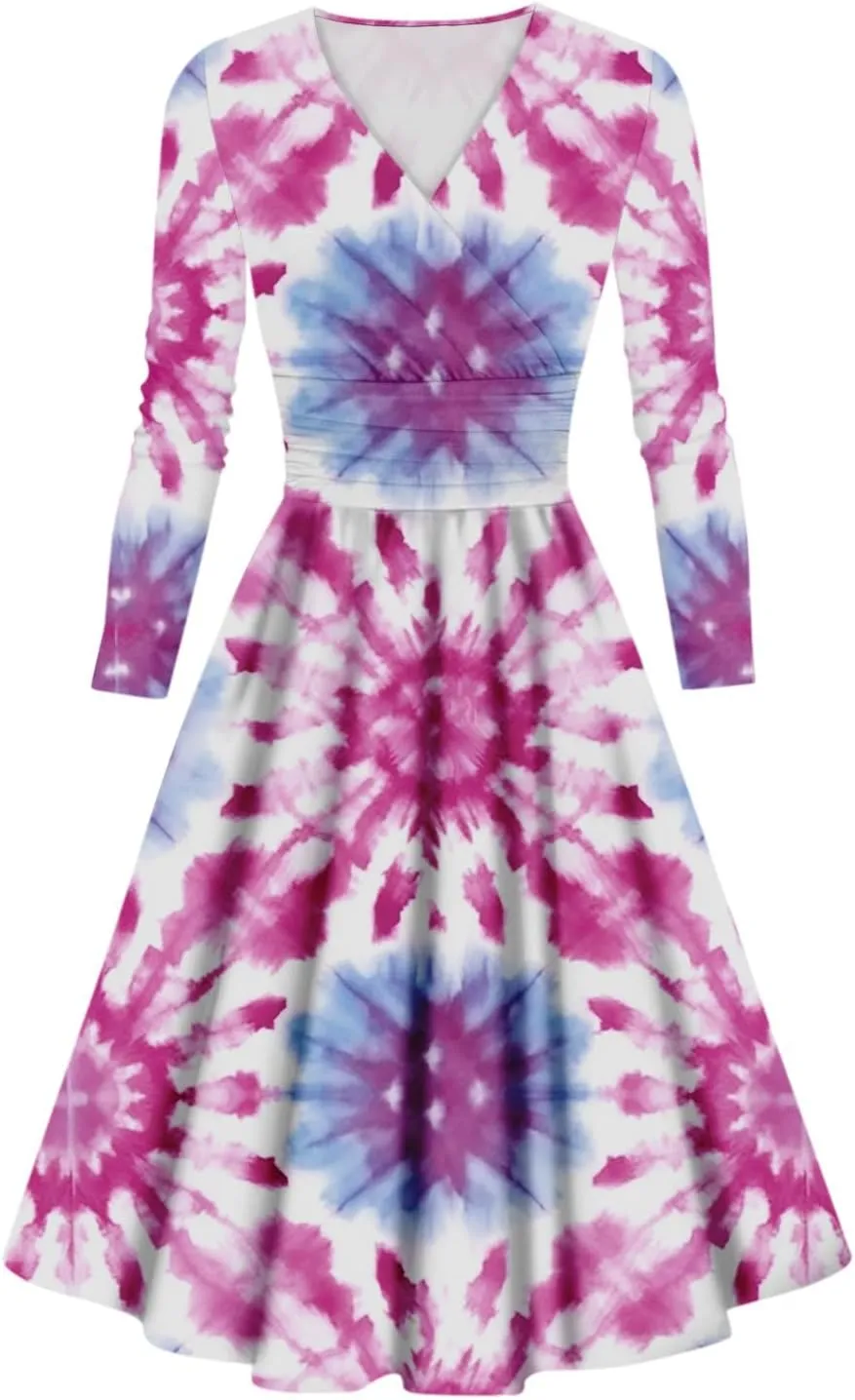 Wedding Guest Dresses for Women,Fall Outfits Ladies Fashion Casual Print Long Sleeve V-Neck Sexy Pocket Dress