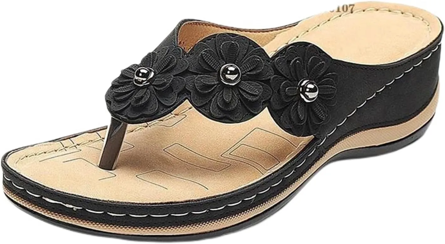 Wedge Sandals for Women 2025 Orthopedic Sandals Open Toe Thong Slippers Outdoor Flip Flops Low Wedge Dress Shoes Comfort Wear Orthowear Shoes Casual Vacation Walking Sandal Flower Decoration Slippers