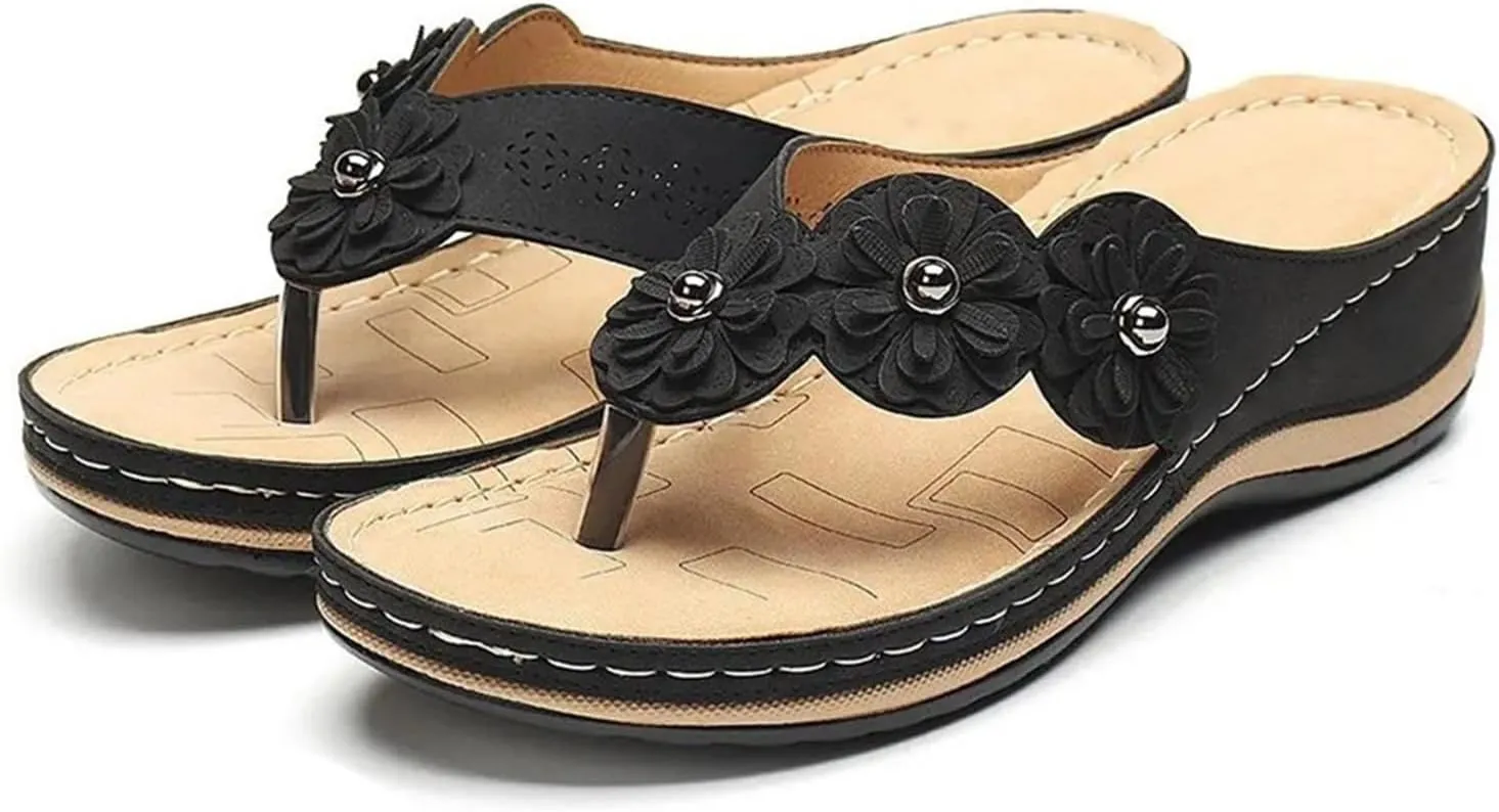 Wedge Sandals for Women 2025 Orthopedic Sandals Open Toe Thong Slippers Outdoor Flip Flops Low Wedge Dress Shoes Comfort Wear Orthowear Shoes Casual Vacation Walking Sandal Flower Decoration Slippers