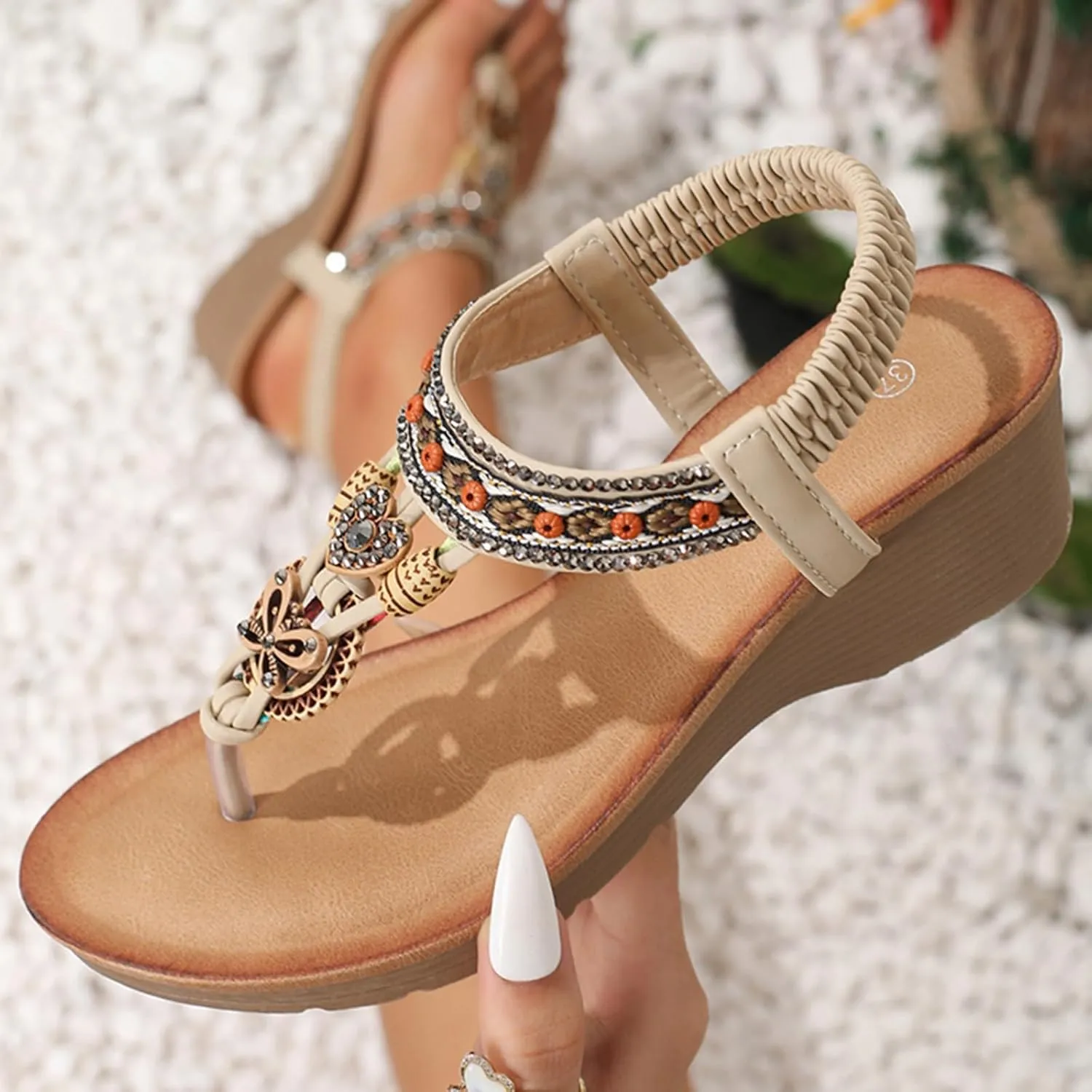 Wedge Sandals for Women Ankle Strap Bohemian Sandals Soft Comfortable Vintage Bead Clip Toe Women Summer Shoes