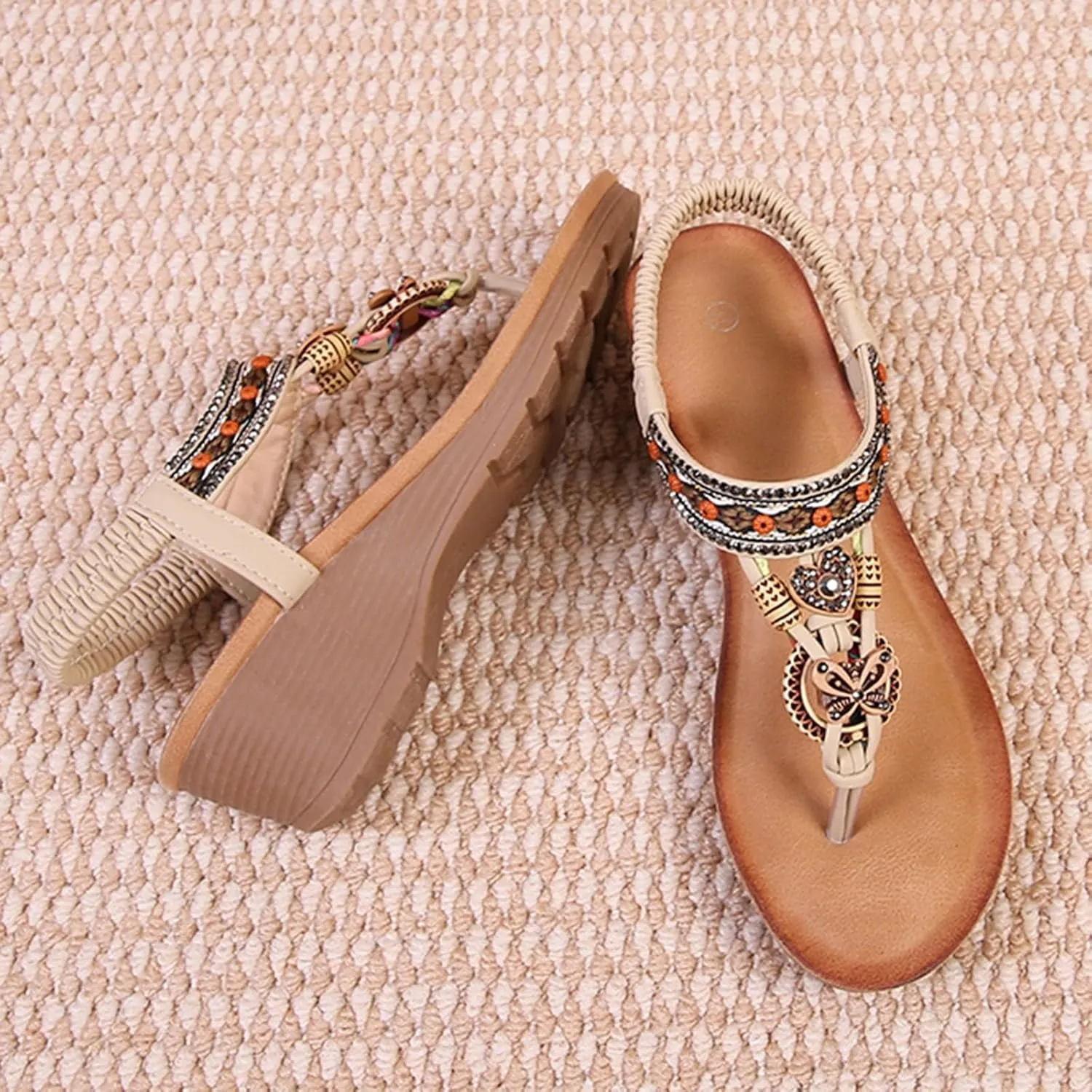 Wedge Sandals for Women Ankle Strap Bohemian Sandals Soft Comfortable Vintage Bead Clip Toe Women Summer Shoes