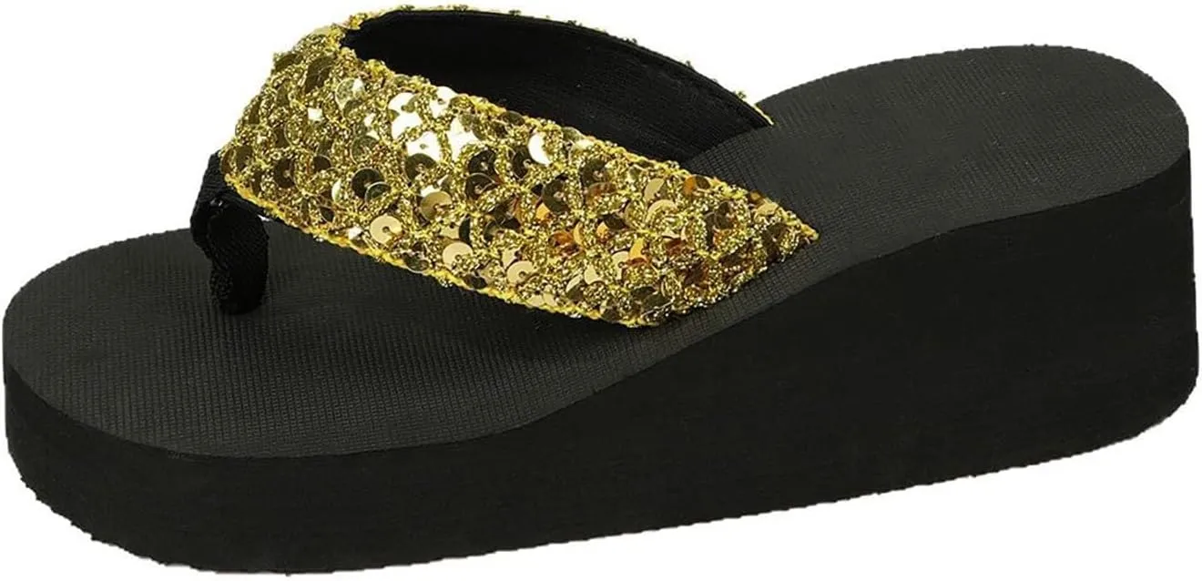 Wedge Sandals for Women Comfortable Wide V Strap Flip Flops Sequin Summer Thong Thick Sole Clip Toe Platform Sandals