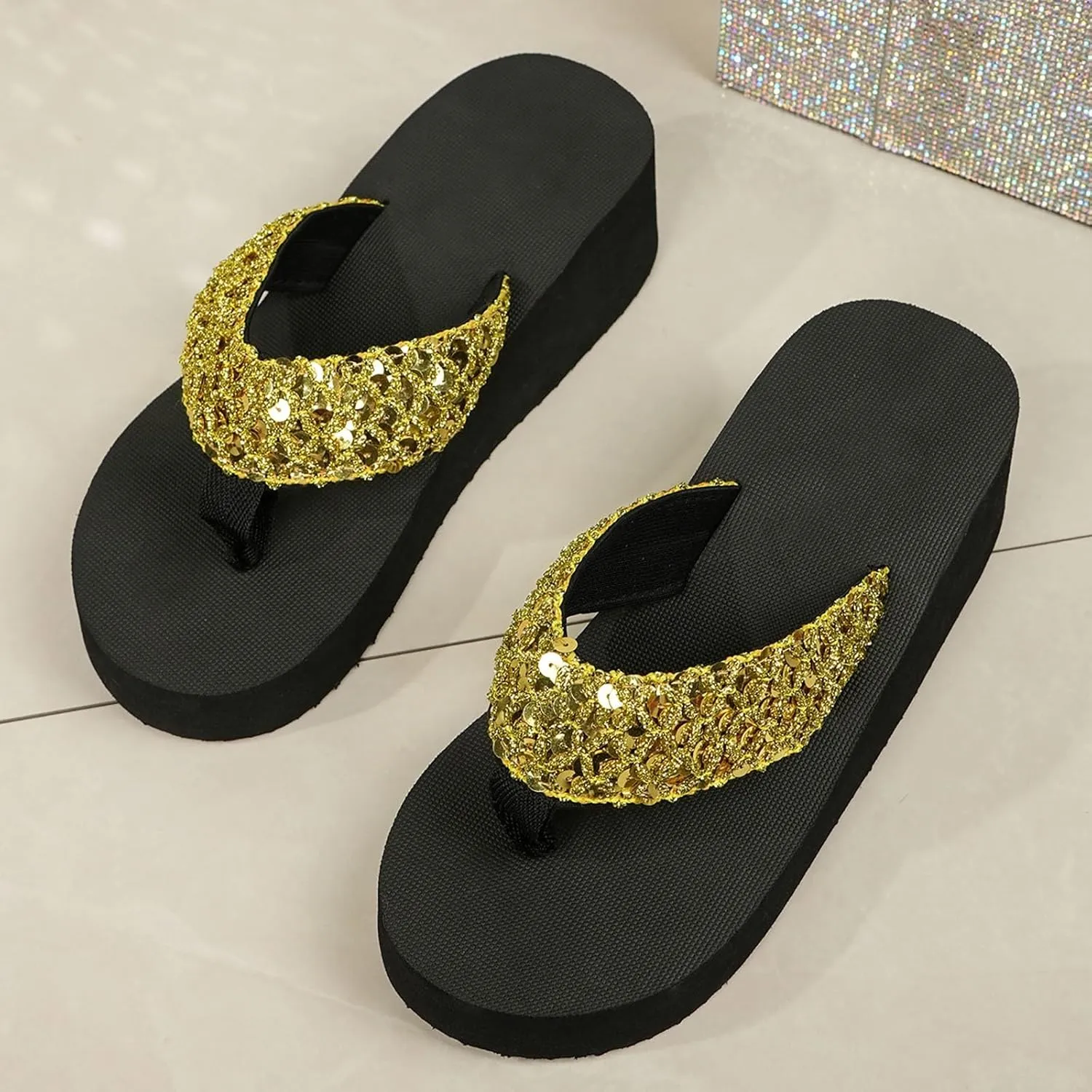 Wedge Sandals for Women Comfortable Wide V Strap Flip Flops Sequin Summer Thong Thick Sole Clip Toe Platform Sandals