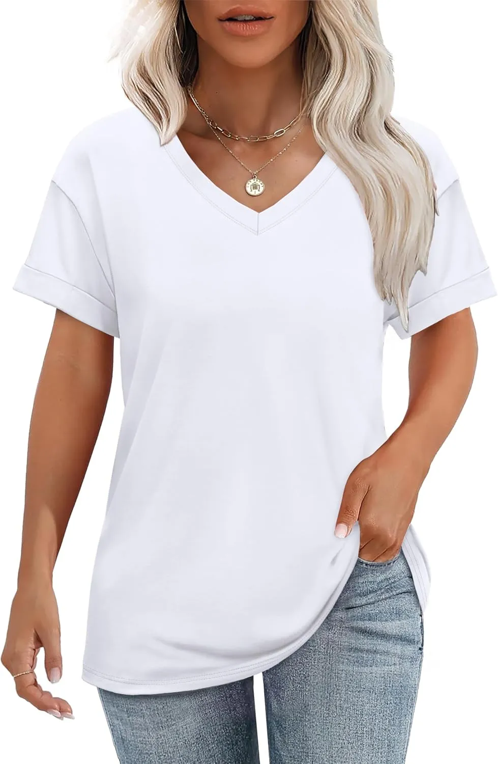 WEESO Womens T Shirts Short Sleeve Summer Tops Cute V Neck Casual Blouses