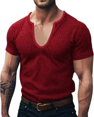 WENKOMG1 Mens Deep V Neck Shirt Ribbed Casual Short Sleeve Stretchy Shirt Invisible T-Shirt Low Cut Muscle Tees