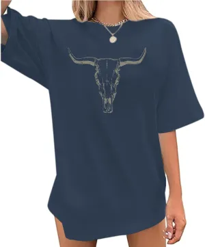 Western Cow Skull Shirts for Women Oversized Cowgirl T Shirt Country Graphic Tees Vintage Rodeo Tshirts Casual Tops