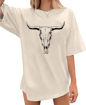 Western Cow Skull Shirts for Women Oversized Cowgirl T Shirt Country Graphic Tees Vintage Rodeo Tshirts Casual Tops