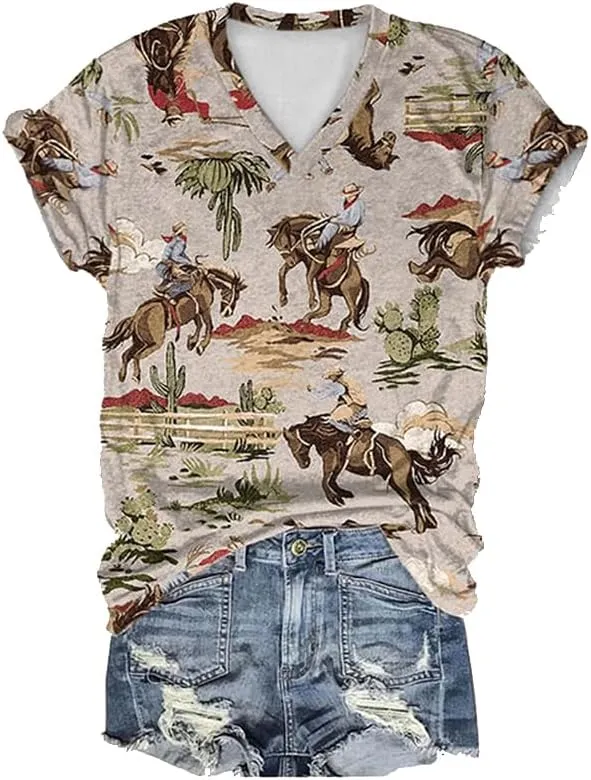 Western Cowgirl Cactus T-Shirt Vintage Western Women'S Cowgirl Horse Printed Tank Top Western Vintage Tee, 5X-Large