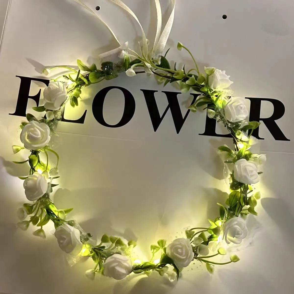 White Vintage LED Flower Crown, Glow Flower Wreath Headbands Luminous Led Bridal Headpiece Wedding Headdress Hair Hoop Party Hair Accessories