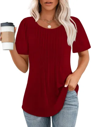 WIHOLL Short Sleeve Shirts for Women Summer Dressy Casual Tops Pleated Front