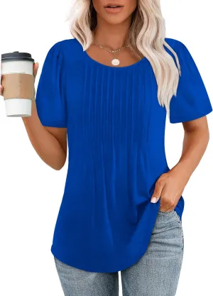 WIHOLL Short Sleeve Shirts for Women Summer Dressy Casual Tops Pleated Front