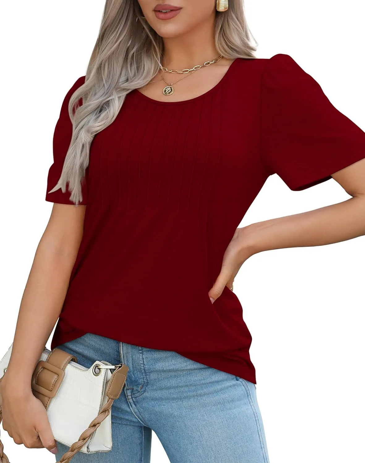 WIHOLL Short Sleeve Shirts for Women Summer Dressy Casual Tops Pleated Front