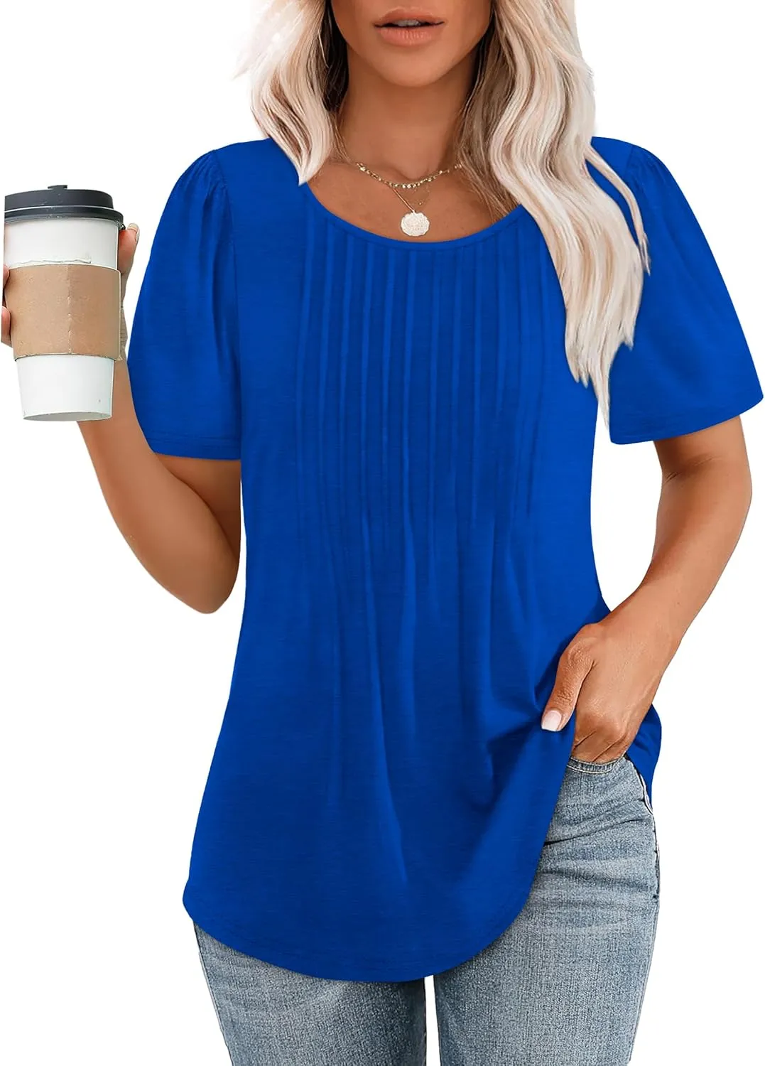 WIHOLL Short Sleeve Shirts for Women Summer Dressy Casual Tops Pleated Front