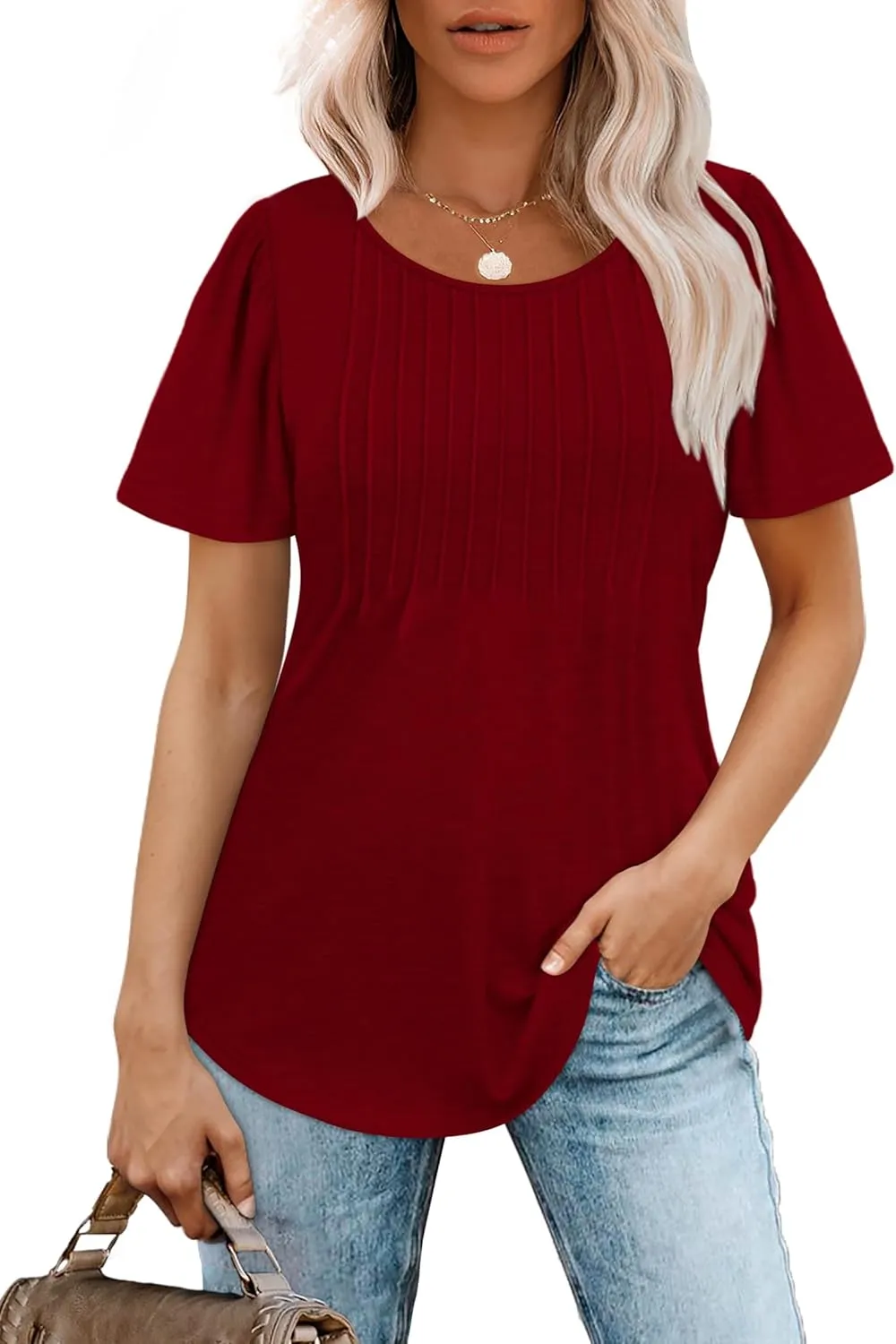 WIHOLL Short Sleeve Shirts for Women Summer Dressy Casual Tops Pleated Front
