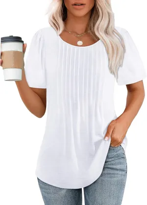 WIHOLL Short Sleeve Shirts for Women Summer Dressy Casual Tops Pleated Front