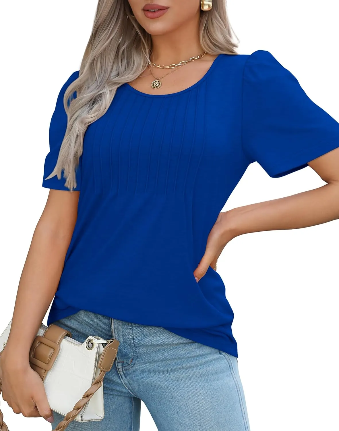 WIHOLL Short Sleeve Shirts for Women Summer Dressy Casual Tops Pleated Front