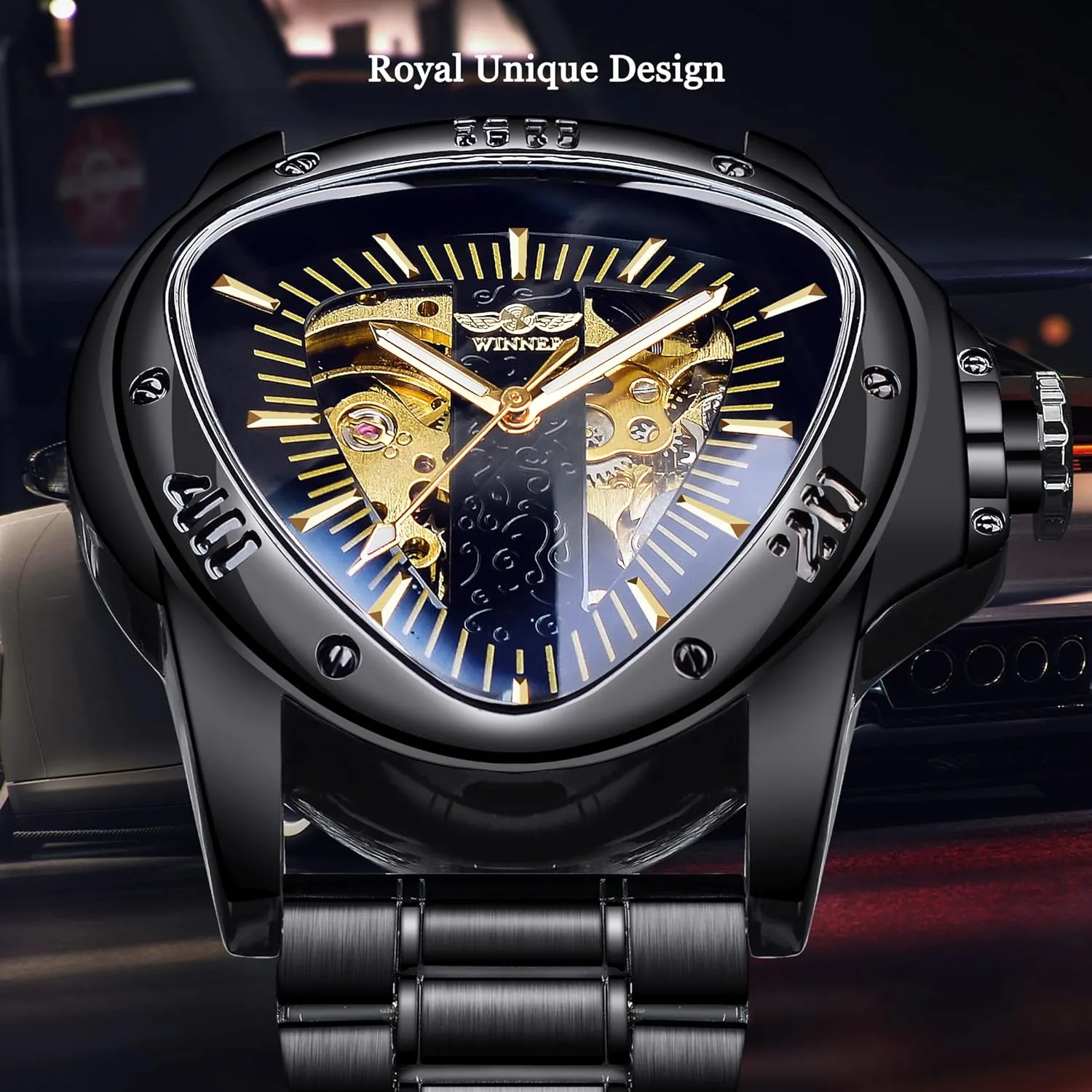Winner Fashion Mechanical Wrist Watch Triangle Racing Dial, Waterproof Golden Skeleton Dial Automatic Movement Leather Design Mechanical Watch for Men