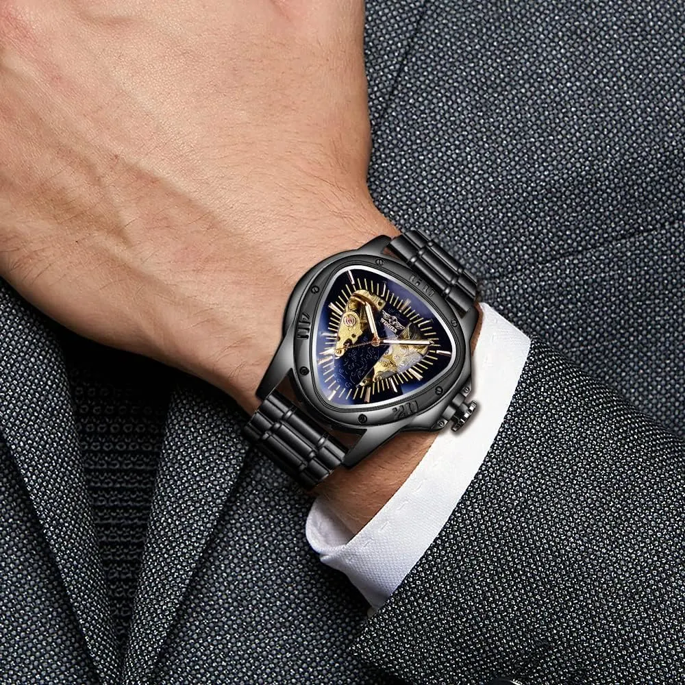Winner Fashion Mechanical Wrist Watch Triangle Racing Dial, Waterproof Golden Skeleton Dial Automatic Movement Leather Design Mechanical Watch for Men