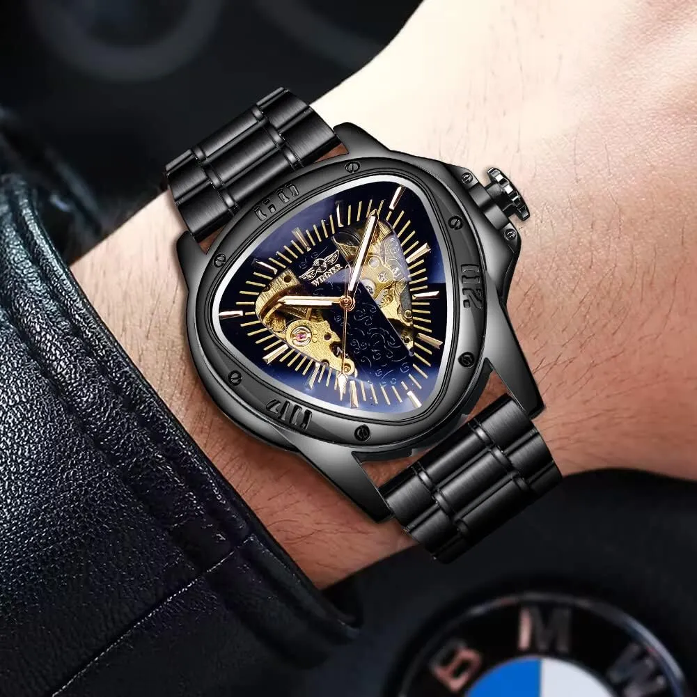 Winner Fashion Mechanical Wrist Watch Triangle Racing Dial, Waterproof Golden Skeleton Dial Automatic Movement Leather Design Mechanical Watch for Men