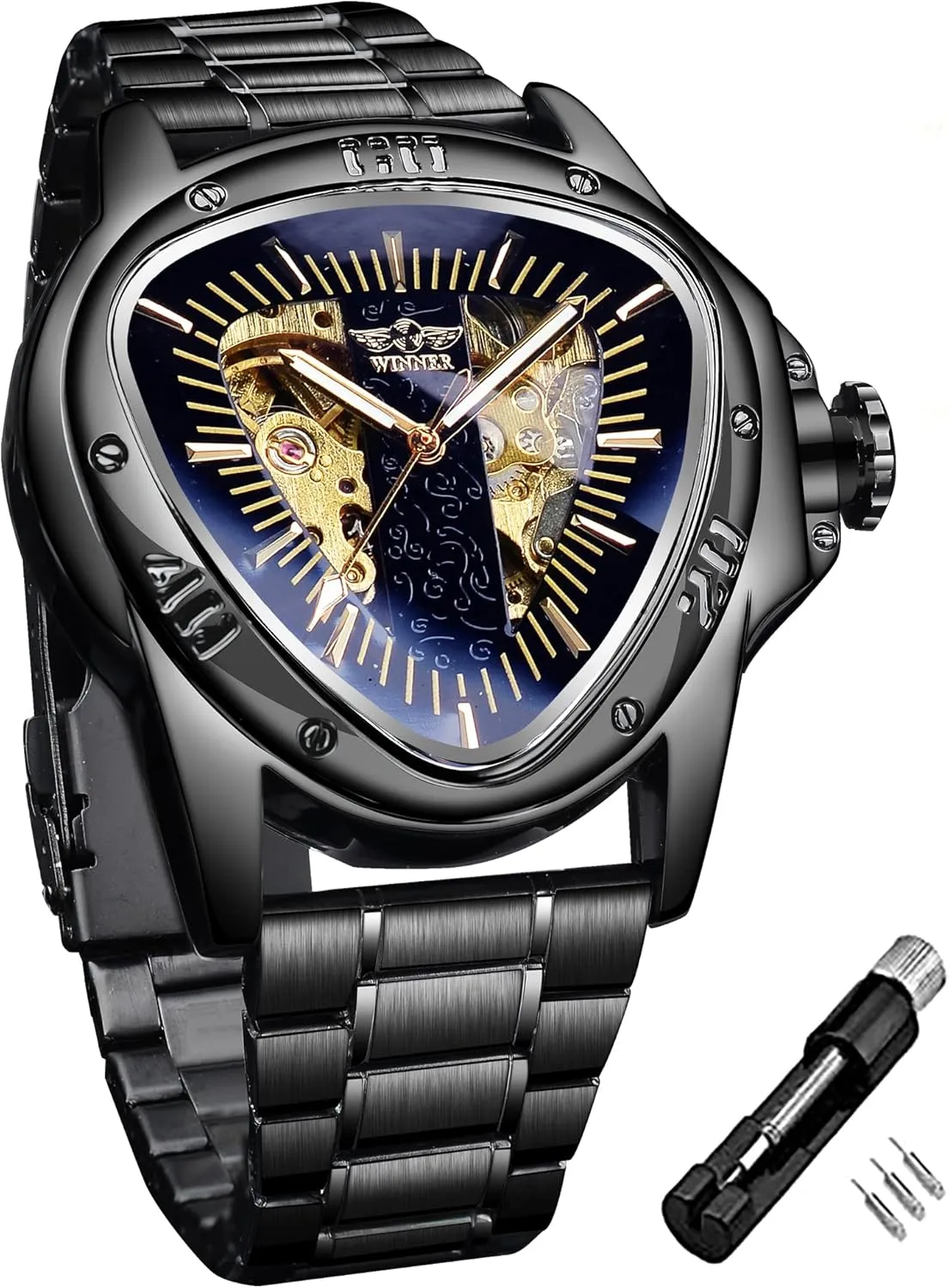 Winner Fashion Mechanical Wrist Watch Triangle Racing Dial, Waterproof Golden Skeleton Dial Automatic Movement Leather Design Mechanical Watch for Men