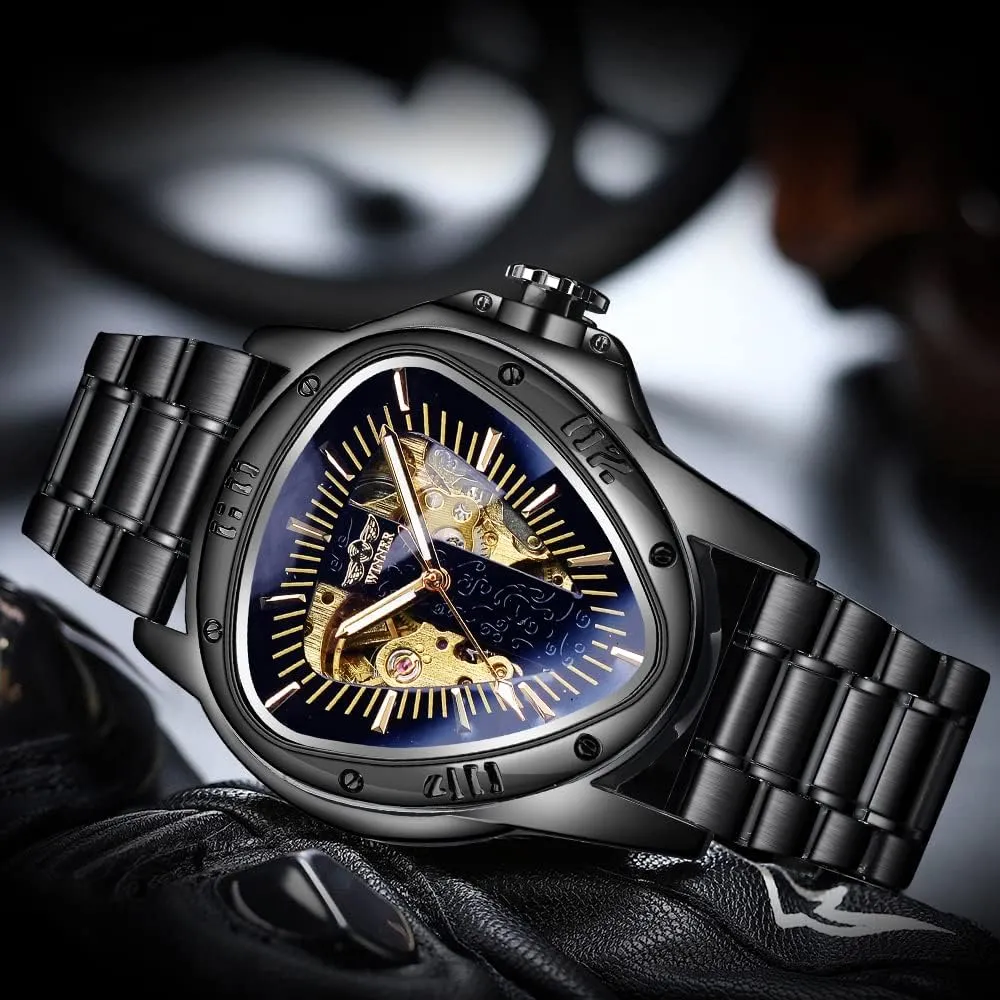 Winner Fashion Mechanical Wrist Watch Triangle Racing Dial, Waterproof Golden Skeleton Dial Automatic Movement Leather Design Mechanical Watch for Men