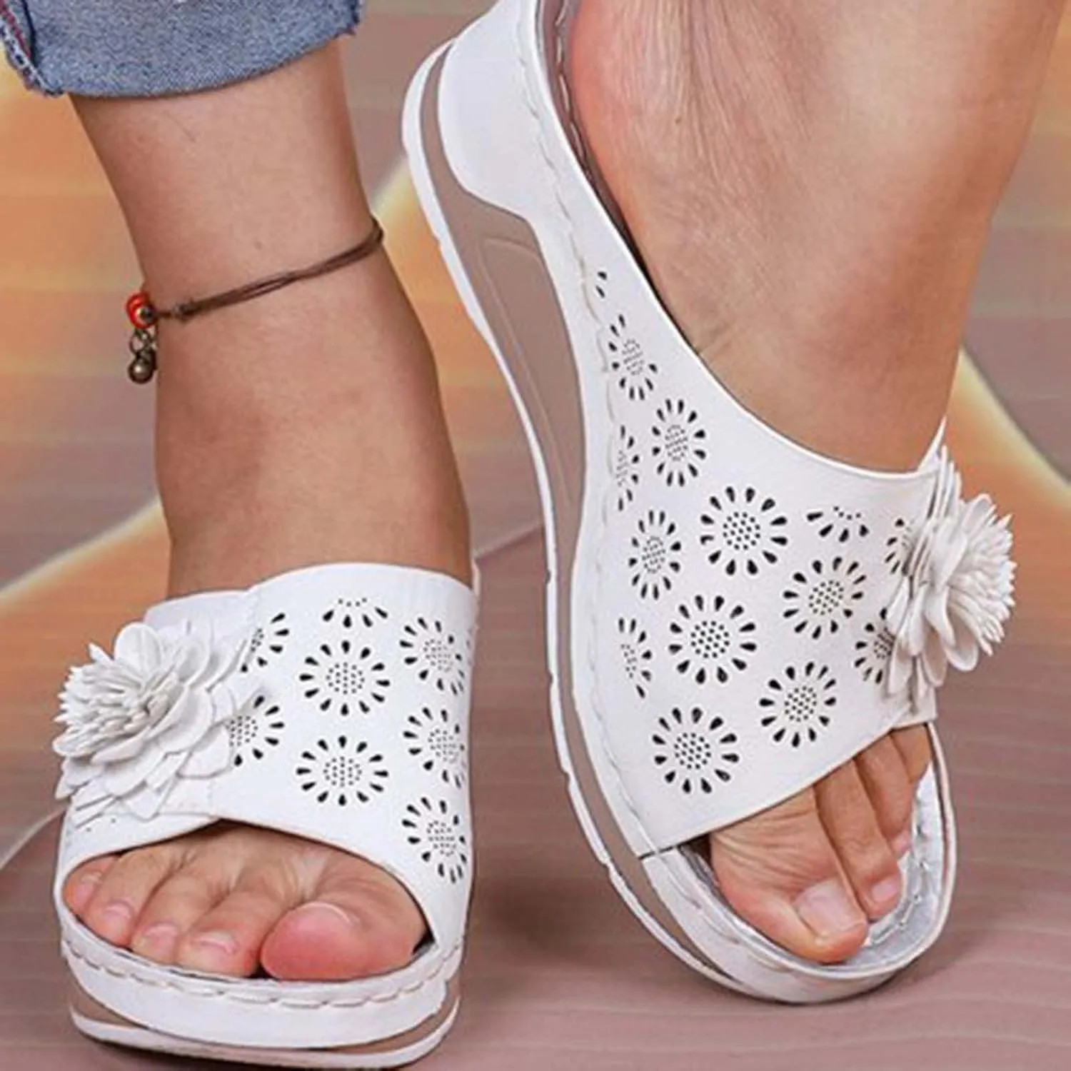 Women 3D Floral Embellished Slipper Open Toe Hollow Out Sandal Solid Anti-Slip Orthopedic Slide Slip on Wedge Sandals