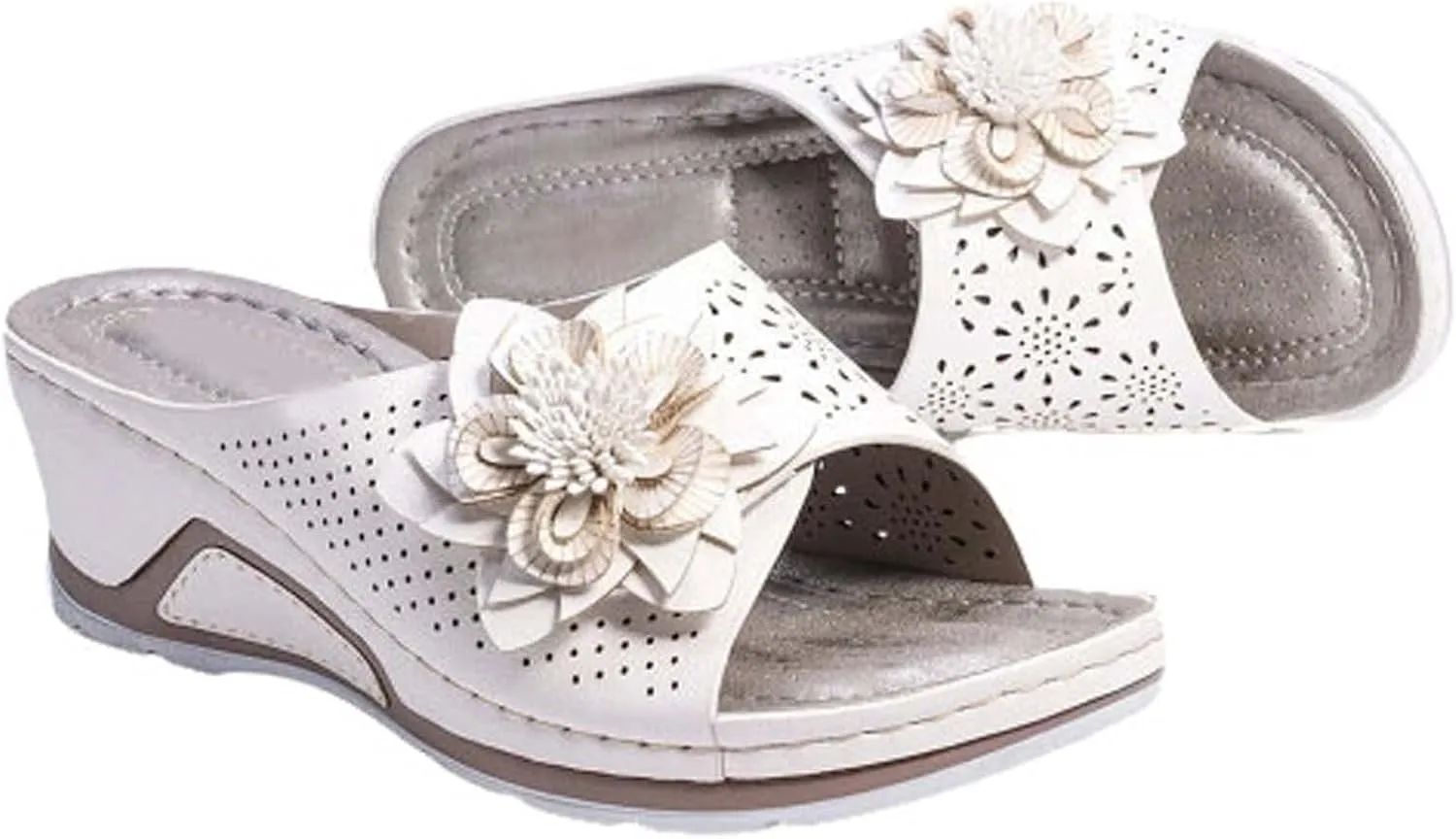 Women 3D Floral Embellished Slipper Open Toe Hollow Out Sandal Solid Anti-Slip Orthopedic Slide Slip on Wedge Sandals