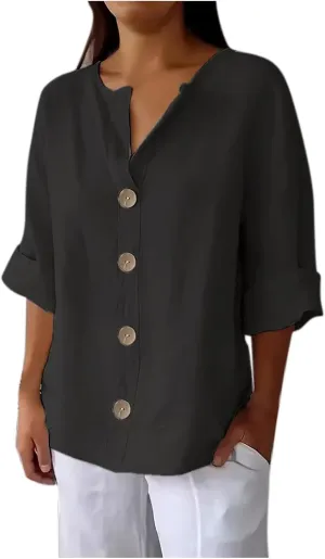 Women Boho Cotton Linen Tops Loose Fitting Summer Blouses 3/4 Sleeve V Neck Tunic Shirts Trendy Beach Clothing 2025