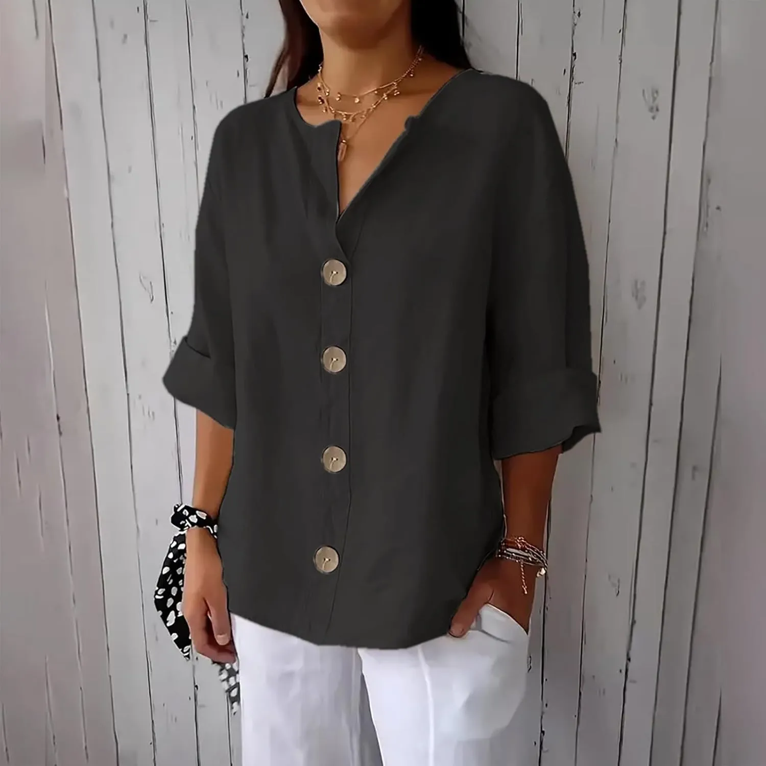 Women Boho Cotton Linen Tops Loose Fitting Summer Blouses 3/4 Sleeve V Neck Tunic Shirts Trendy Beach Clothing 2025