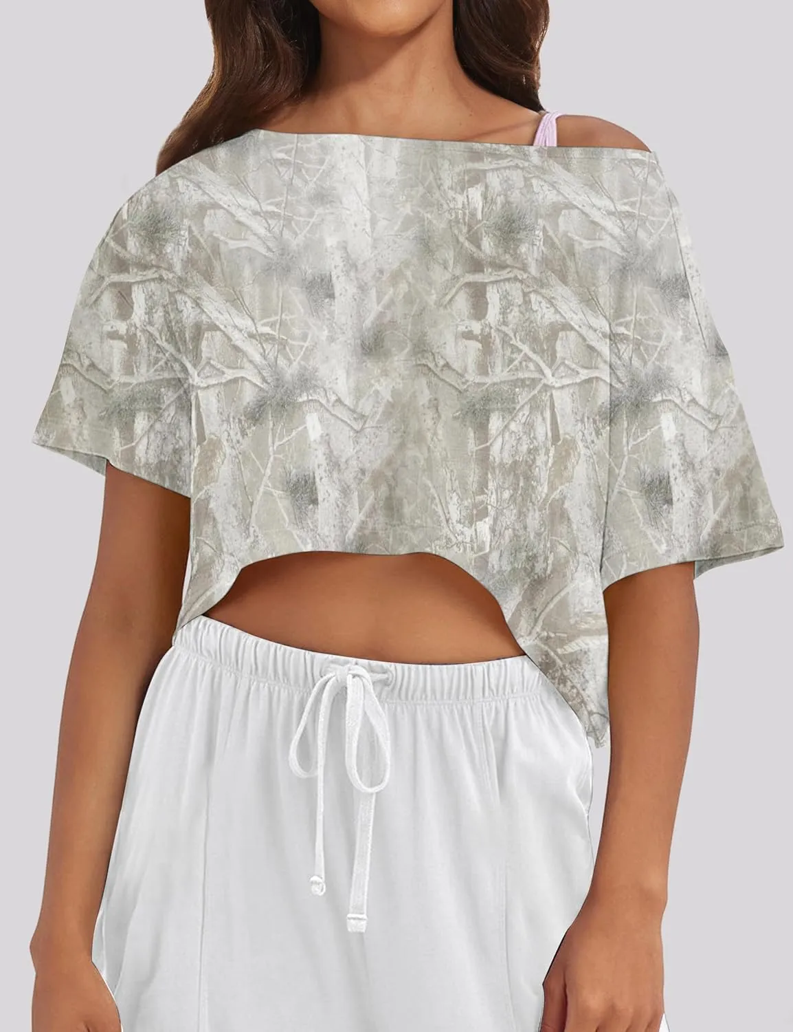 Women Camo Off The Shoulder Shirt Top Short Sleeve Boat Neck Athletic Workout Crop Tees Oversized T Shirts Summer