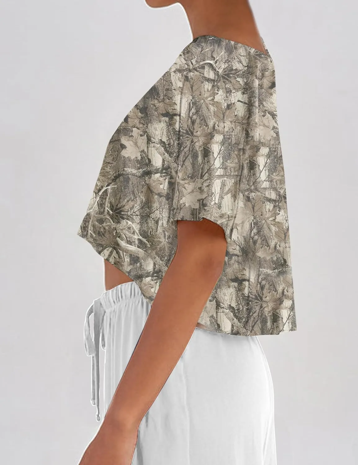 Women Camo Off The Shoulder Shirt Top Short Sleeve Boat Neck Athletic Workout Crop Tees Oversized T Shirts Summer