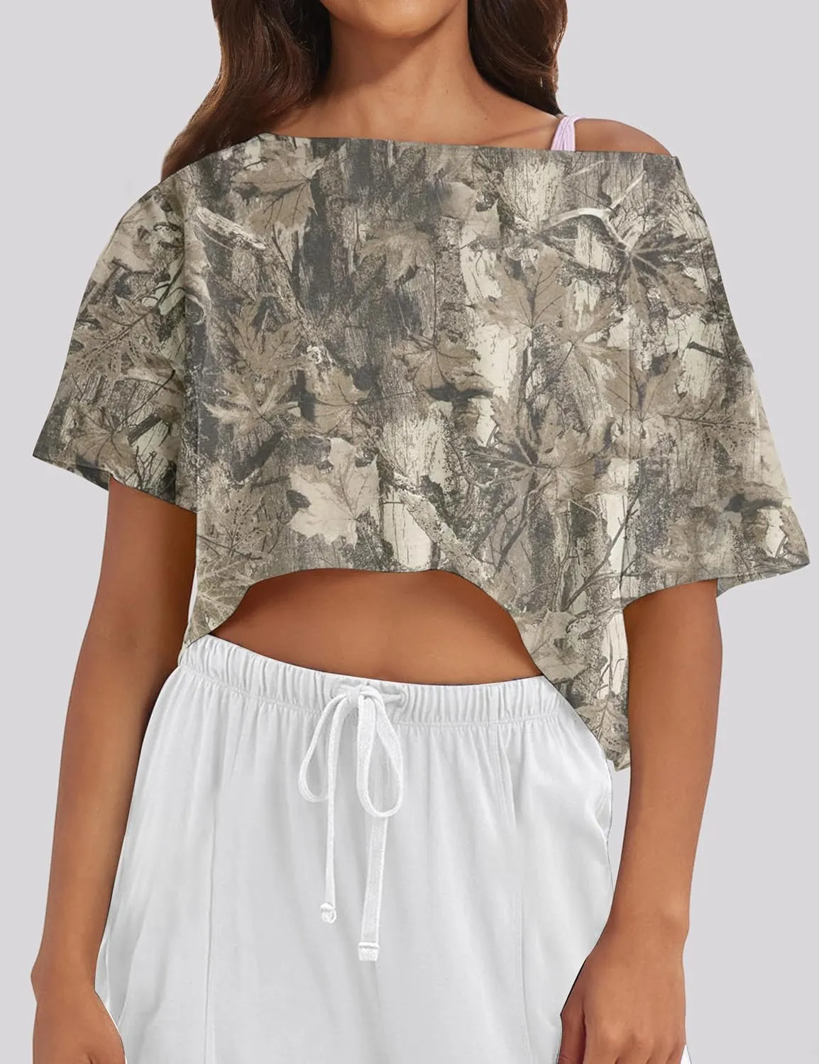 Women Camo Off The Shoulder Shirt Top Short Sleeve Boat Neck Athletic Workout Crop Tees Oversized T Shirts Summer
