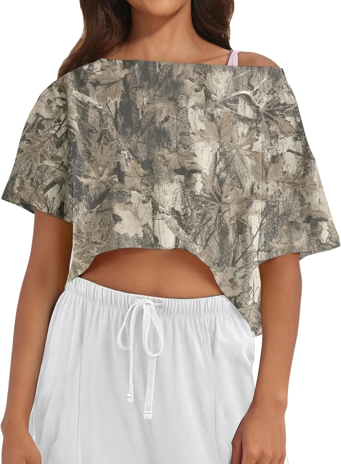 Women Camo Off The Shoulder Shirt Top Short Sleeve Boat Neck Athletic Workout Crop Tees Oversized T Shirts Summer