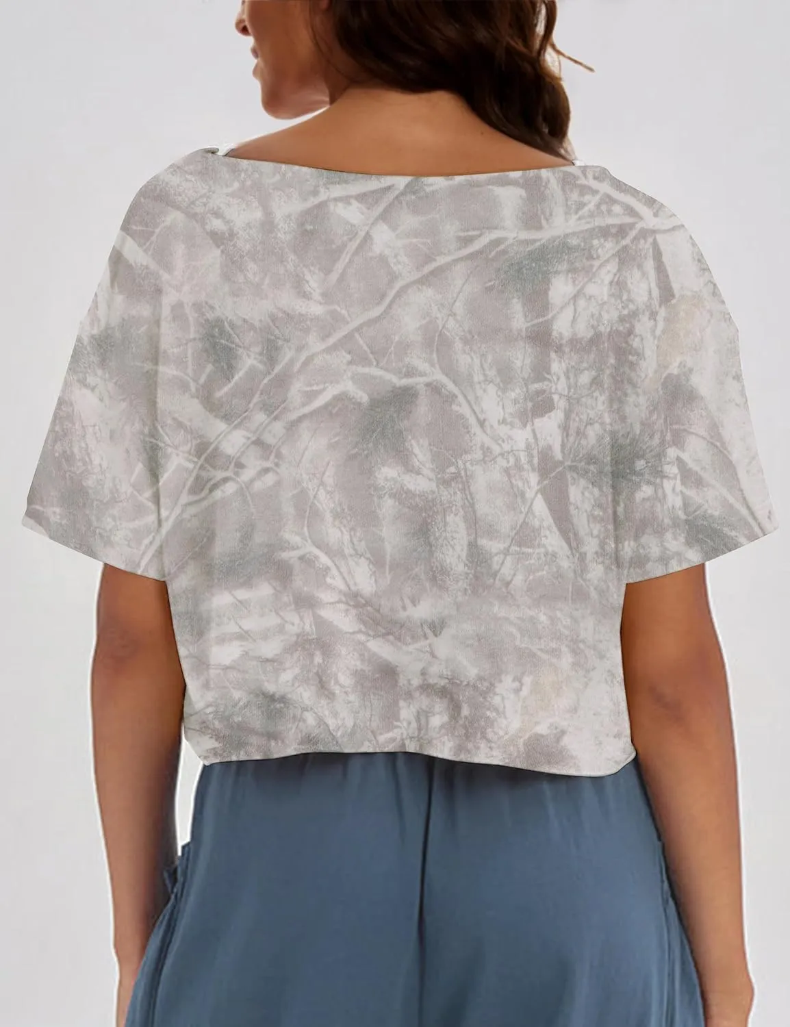 Women Camo Off The Shoulder Shirt Top Short Sleeve Boat Neck Athletic Workout Crop Tees Oversized T Shirts Summer