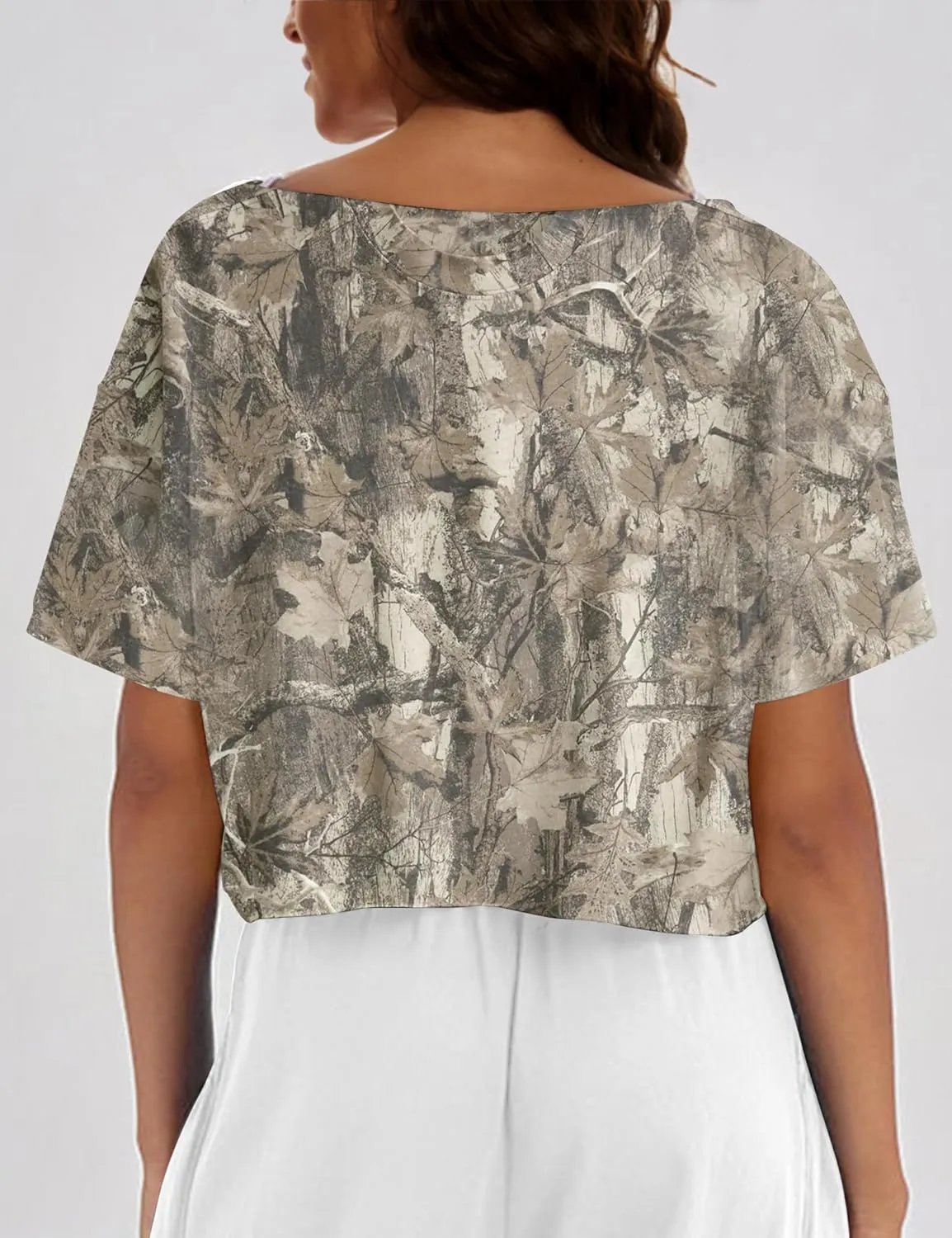 Women Camo Off The Shoulder Shirt Top Short Sleeve Boat Neck Athletic Workout Crop Tees Oversized T Shirts Summer