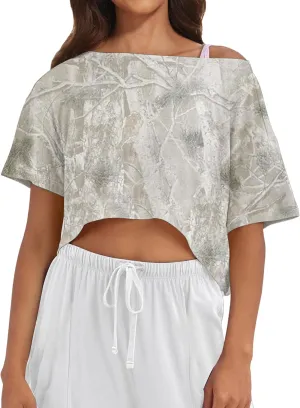 Women Camo Off The Shoulder Shirt Top Short Sleeve Boat Neck Athletic Workout Crop Tees Oversized T Shirts Summer