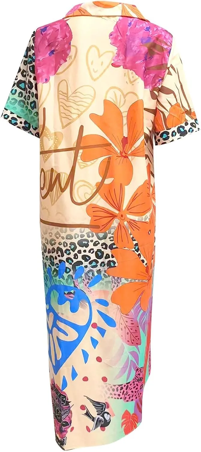 Women Casual Loose Sundress V Neck Short Maxi Long Beach Shirt Dress Travel Vacation Boho Dresses 2024 Summer Outfits