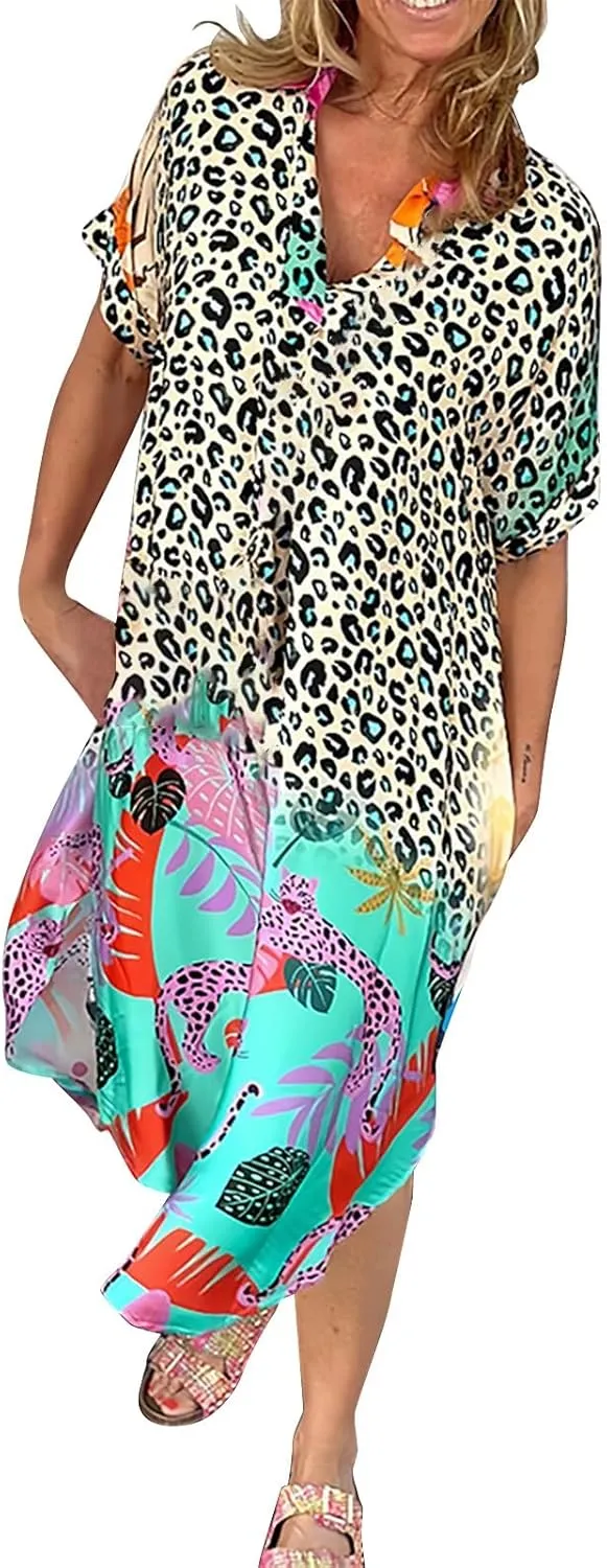 Women Casual Loose Sundress V Neck Short Maxi Long Beach Shirt Dress Travel Vacation Boho Dresses 2024 Summer Outfits