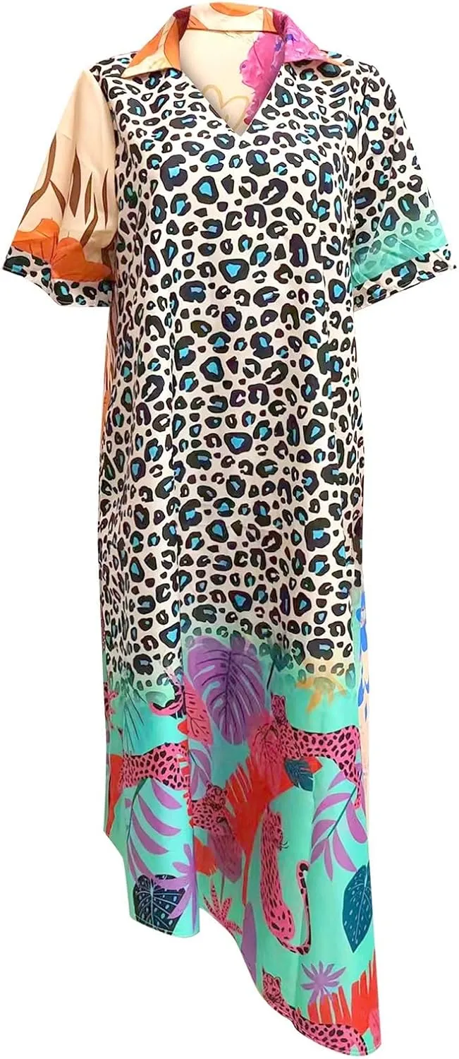 Women Casual Loose Sundress V Neck Short Maxi Long Beach Shirt Dress Travel Vacation Boho Dresses 2024 Summer Outfits