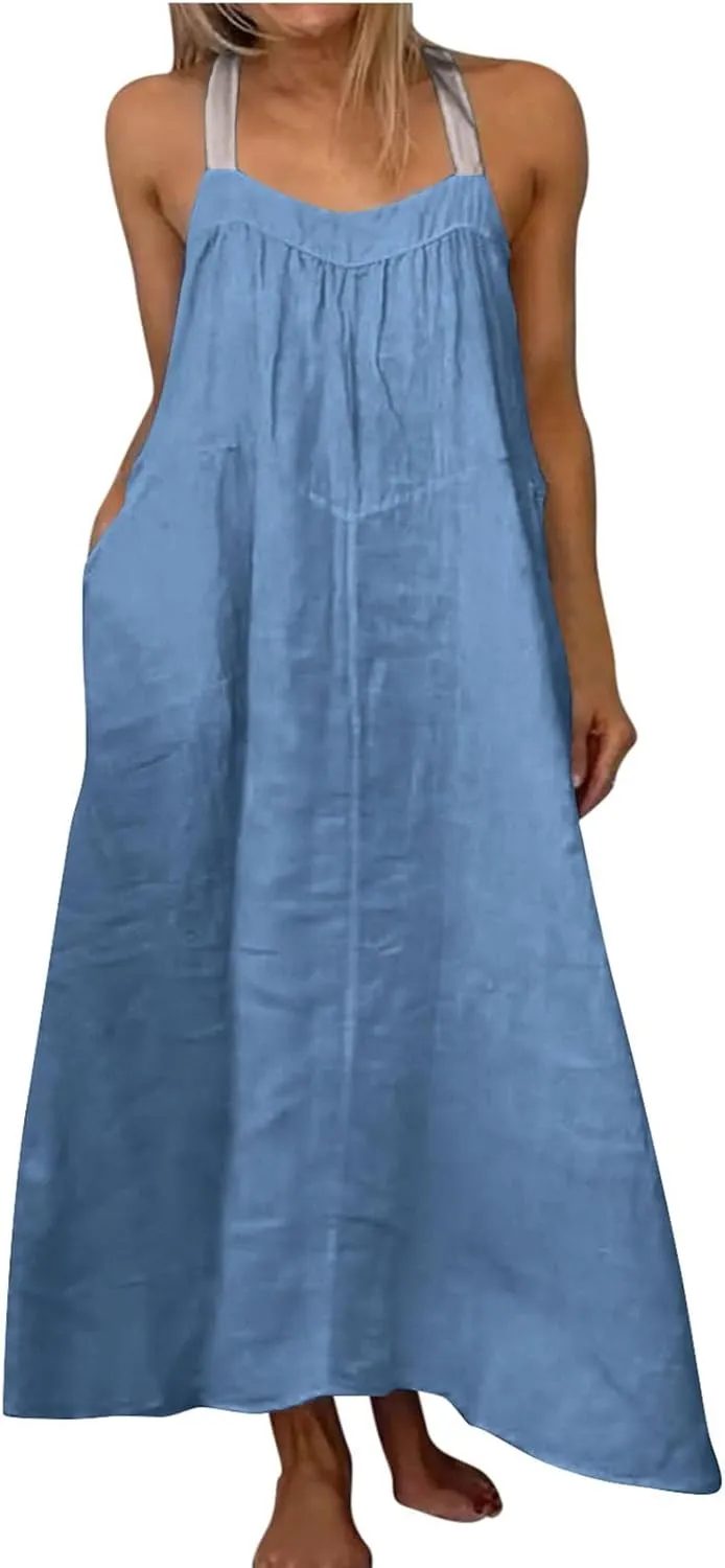 Women Cotton Linen Dress Spaghetti Straps Sleeveless Beach Sundress Solid Color Loose Flowy Maxi Dress 2025 Fashion
