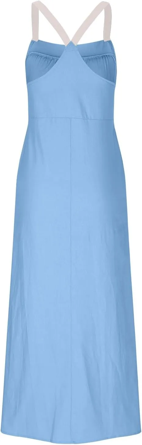 Women Cotton Linen Dress Spaghetti Straps Sleeveless Beach Sundress Solid Color Loose Flowy Maxi Dress 2025 Fashion