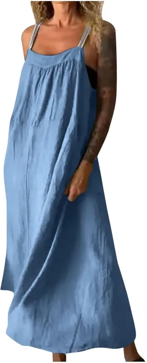 Women Cotton Linen Dress Spaghetti Straps Sleeveless Beach Sundress Solid Color Loose Flowy Maxi Dress 2025 Fashion