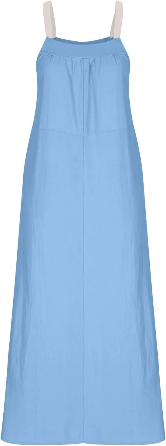 Women Cotton Linen Dress Spaghetti Straps Sleeveless Beach Sundress Solid Color Loose Flowy Maxi Dress 2025 Fashion