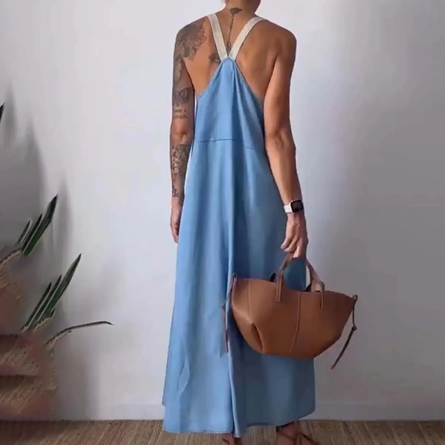 Women Cotton Linen Dress Spaghetti Straps Sleeveless Beach Sundress Solid Color Loose Flowy Maxi Dress 2025 Fashion
