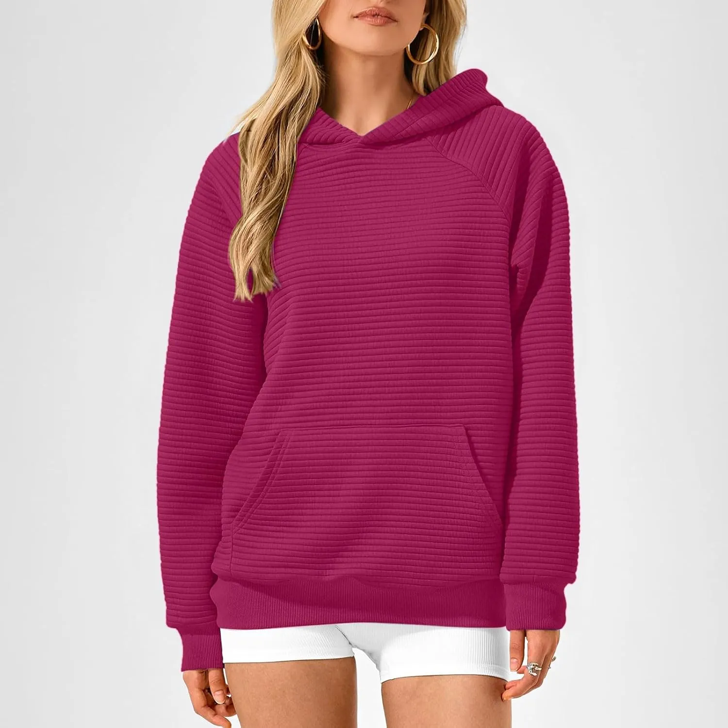 Women Hoodies Casual Hooded Oversized Sweatshirts with Large Pocket Raglan Long Sleeve Loose Solid Pullover Tops